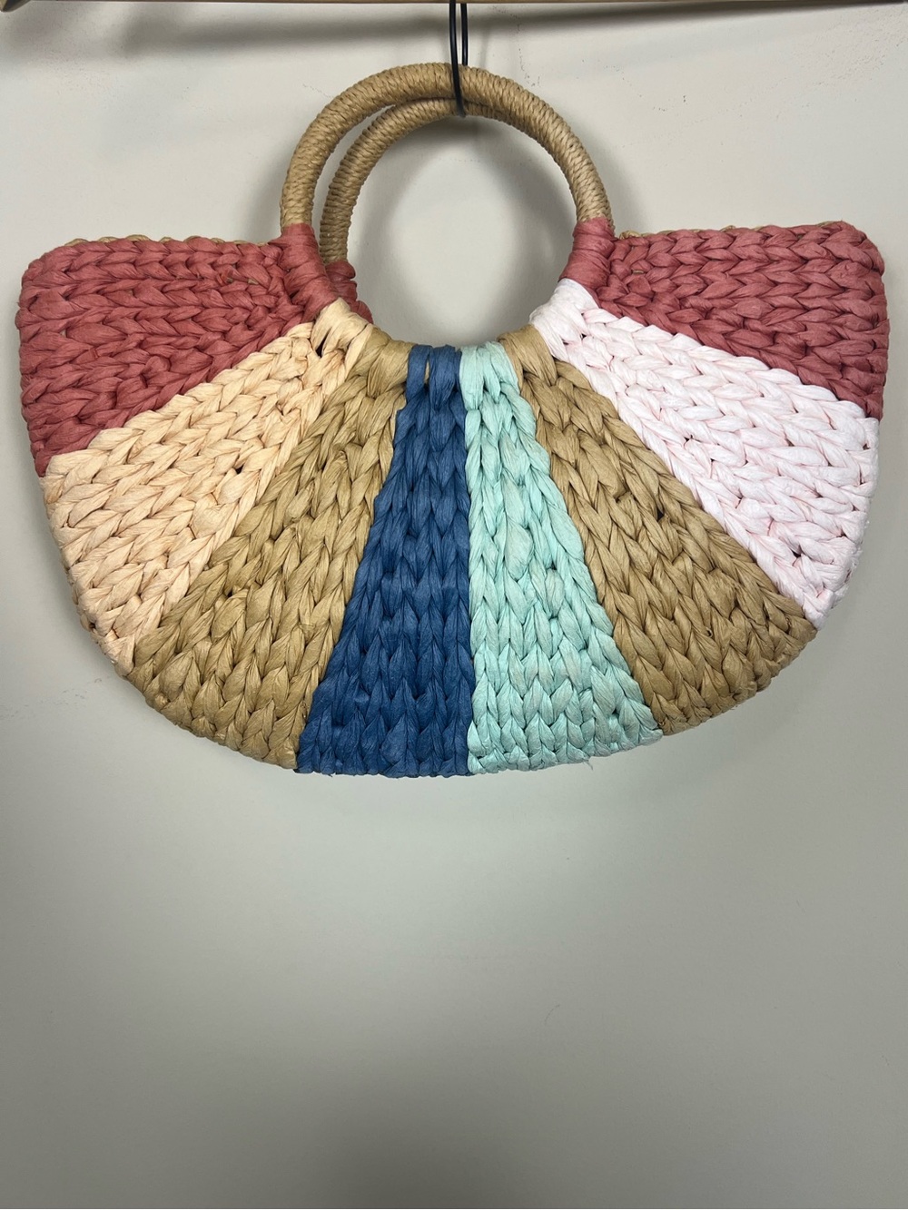 Roxy Salt Water Therapy Woven Beach Tote Bag Colorblock Round Handle Boho - Picture 4 of 8